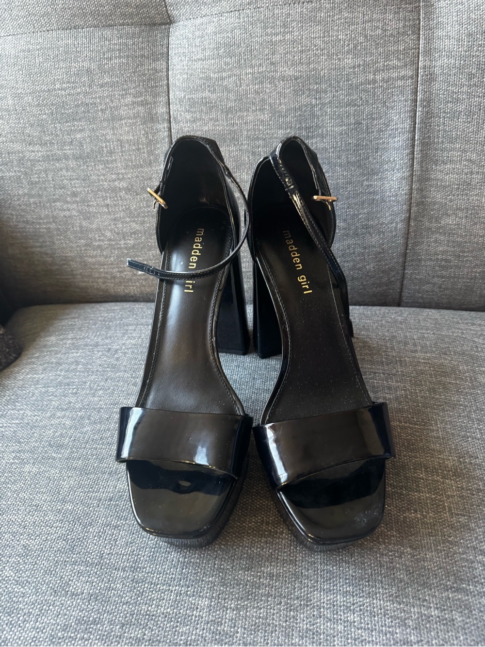 Madden Girl Black Patent Block Heel Sandals with Ankle Strap